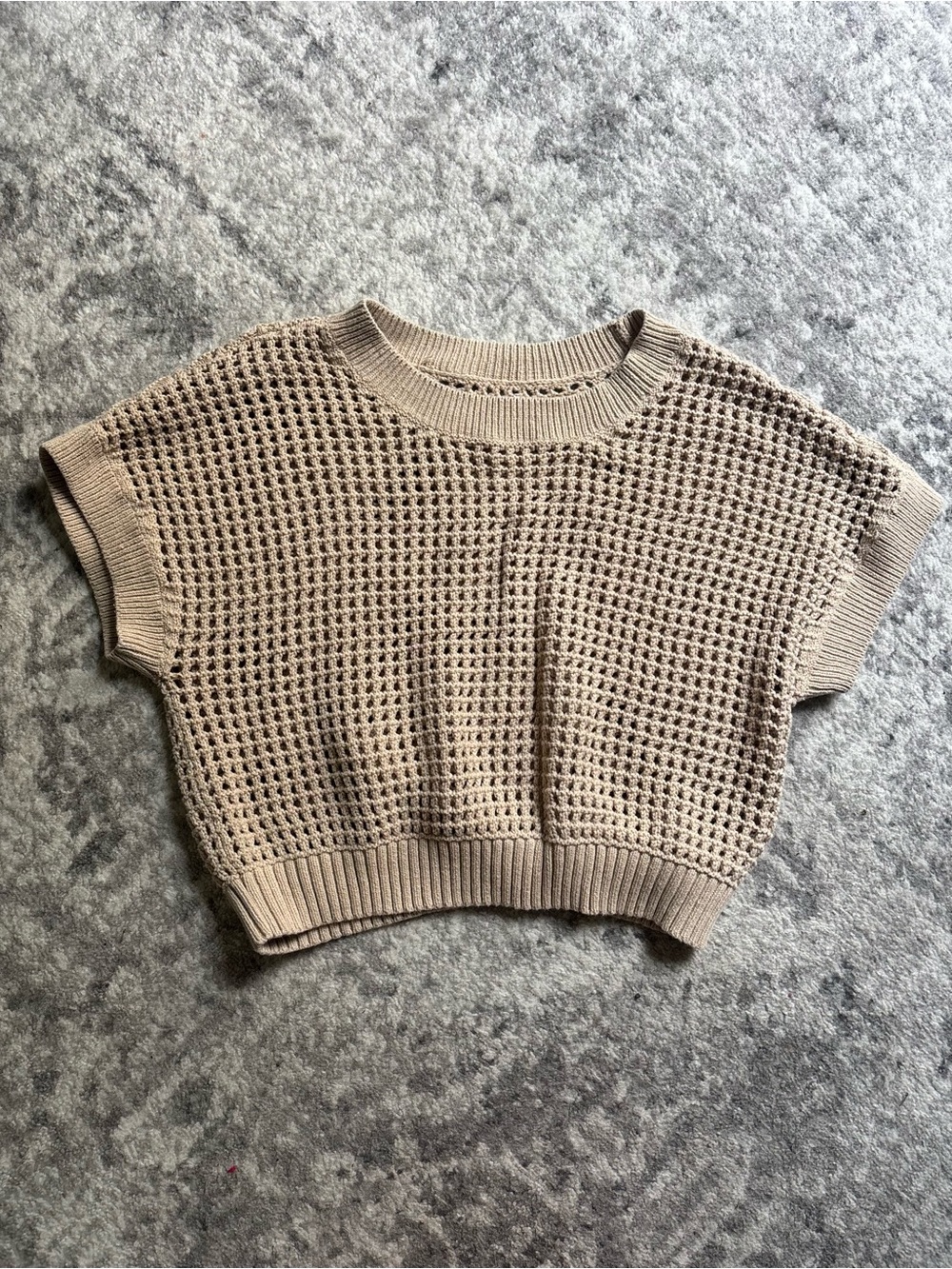 Beige Cropped Waffle-Knit Short Sleeve Top